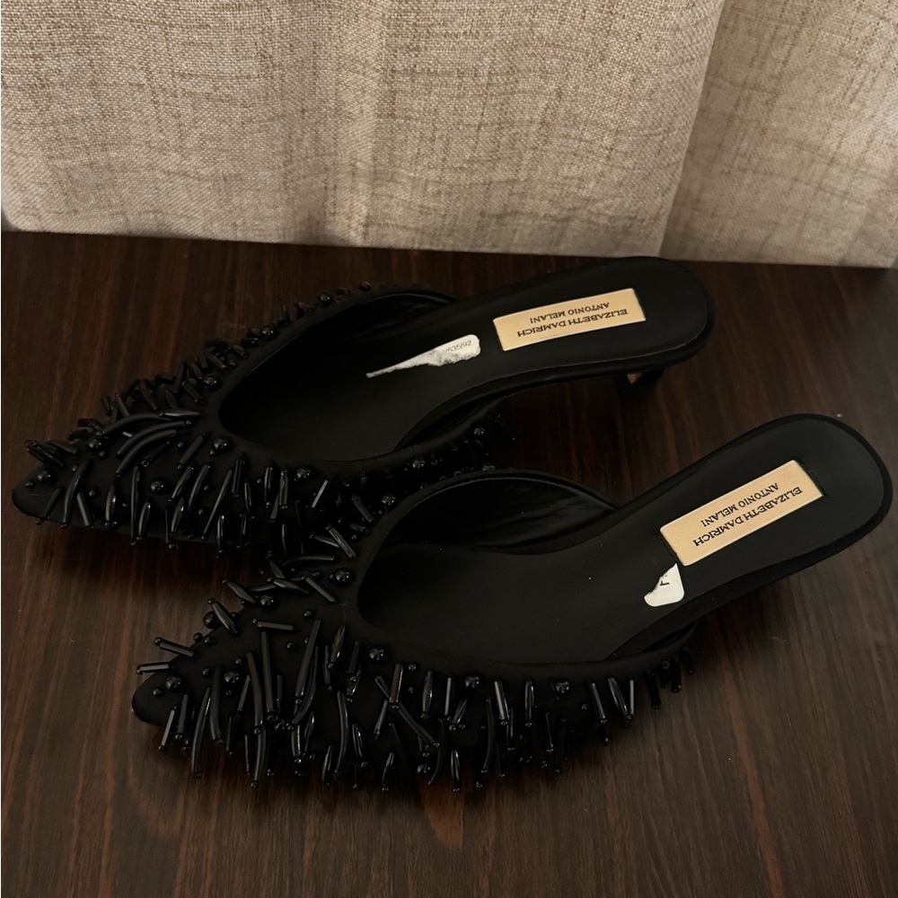 Antonio Melani Elizabeth Damrich beaded satin black pointed toe kitten heels - Picture 5 of 6